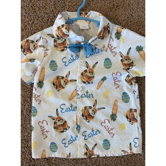Unbranded White Allover Easter Bunny Rabbit Button Up Shirt Bow Tie Toddler 2-3Y - Picture 2 of 5
